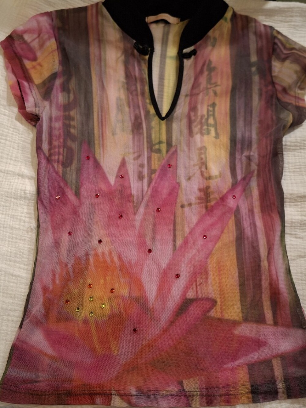 Floral Pink Mesh Women’s Top with Embellished Lotus